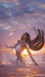 1girls 3d 3d_(artwork) big_breasts bikini blender breasts closed_eyes earrings female final_fantasy final_fantasy_vii final_fantasy_vii_rebirth final_fantasy_vii_remake fit_female highres large_breasts long_black_hair long_hair outdoors ria-neearts scar sea side-tie_bikini square_enix summer sunset tifa_lockhart very_long_hair wading water wet_hair wet_skin white_bikini