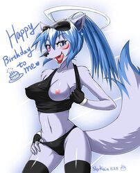 2013 anthro blue_background blue_eyes blue_fur blue_hair blush breasts canine claws clothed clothing ear_piercing english_text erect_nipples eyewear female fingerless_gloves flashing fur furry furry_only gloves hair heterochromia legwear long_hair looking_at_viewer mammal nipples open_mouth panties piercing pink_nipples plain_background ponytail purple_eyes shirt shirt_pull skimpy skykain sunglasses tank_top teeth text thigh_highs tied_hair tongue tongue_out underwear undressing white_background white_hair