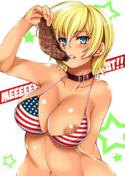 american_flag american_flag_bikini bikini blonde_hair blue_eyes blush breasts gyaru kizaki_yuuri mito_ikumi navel nipple shokugeki_no_souma tagme