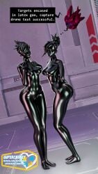 2girls 3d ass black_skin bodysuit breasts clothing drone faceless_female female female_focus female_only huge_ass jpeg latex latex_clothing latex_suit mercy overwatch standing supercasket thighs tracer