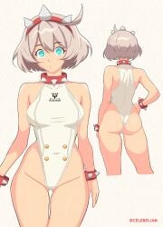 1girls ahoge ass bare_shoulders blush blush_lines bracelet breasts celebian collar elphelt_valentine female female_only from_behind grey_hair groin guilty_gear guilty_gear_strive hand_on_own_hip highleg highleg_leotard leotard looking_at_viewer medium_breasts multiple_views nude short_hair simple_background solo spiked_bracelet spiked_collar spiked_hairband spikes standing tagme thighs white_background