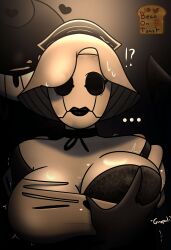 2024 2d 2d_(artwork) 2d_artwork beanontoast bendy_and_the_dark_revival bendy_and_the_ink_machine betty_(bendy_and_the_dark_revival) big_breasts black_bra bra clothed_female dialogue female groping groping_breasts ink_demon male mask masked_female one_breast_out