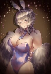 artist_name artist_signature blue_eyes blurred_background bunny_ears bunnysuit faust_(limbus_company) female female_only fur_shawl headband limbus_company pale-skinned_female pale_skin project_moon shawl tie white_hair