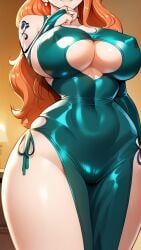 adjusting_panties ai_generated bodycon boosterred99 bridal_gauntlets brown_eyes cameltoe cleavage clothing_cutout covered_navel covered_nipples cutout dress female female_only large_breasts latex_panties long:hair nami nami_(one_piece) one_piece orange_hair ring seductive_smile shiny_clothes shoulder_tattoo side-tie_panties side_locks sideboob skirt tattoo underboob wavy_hair