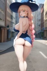ai_generated artist_request back_view backboob bare_legs big_ass big_breasts big_butt blonde_hair braided_ponytail demia_duodectet dress_lift green_eyes huge_breasts huge_thighs ishuzoku_reviewers light-skinned_female light_skin looking_back massive_breasts multicolored_hair smiling solo_female stable_diffusion thick_thighs thighs voluptuous voluptuous_female witch_hat