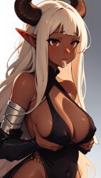 after_oral ai_generated black_clothing blonde_hair brown_eyes cum cum_drip dark-skinned_female dark_skin elf_ears female grabbing grabbing_breasts grabbing_own_breast horns large_breasts nipples_visible_through_clothing original original_character solo_female solo_focus stable_diffusion tongue