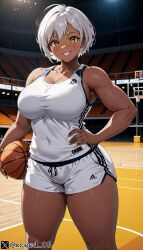 1girls ai_generated basketball basketball_uniform big_breasts black_body female hips original_character stable_diffusion thick_thighs white_hair xceed yellow_eyes
