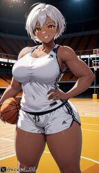 1girl ai_generated basketball basketball_uniform big_breasts black_body hips original_character stable_diffusion thick_thighs white_hair xceed yellow_eyes