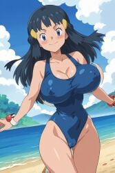 ai_generated aindroidparanoid beach blue_eyes blue_hair blue_swimsuit bouncing_breasts covered_nipples dawn_(pokemon) happy huge_breasts kneeling outdoors pokemon running stable_diffusion trembling