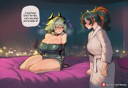 1futa 1futanari 2girls abs ai_generated aroused aroused_face athletic athletic_female bathrobe bed bedroom big_ass big_breasts big_butt big_thighs blush breasts breath caesar_king caesar_king_(zenless_zone_zero) caption cleavage collarbone comic comic_page comics curvy curvy_body curvy_female curvy_figure cute cute_face embarrassed embarrassed_female english english_text female futa_on_female futa_with_female futanari green_hair heart heart_symbol hoorpy hourglass_figure hoyoverse indoors luxury mihoyo panoramic_view patreon patreon_logo patreon_username petite petite_body petite_breasts petite_female robe sexy sexy_body sexy_pose short_hair sitting sitting_on_bed smile smirk story sweat sweatdrop sweating sweaty text thick_thighs thighs voluptuous voluptuous_female zenless_zone_zero zhu_yuan
