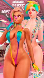2girls 3d blender bouncing_breasts breasts clown clown_girl clownification dialogue elbow_gloves face_paint female female_only fingerless_gloves happy_trance hat long_hair makeup mercy multiple_girls navel nintendo open_mouth overwatch overwatch_2 pink_eyes short_shorts shorts signature smile sombra spiral_background standing supercasket suspenders text topless