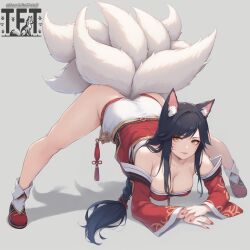 ahri ai_generated fox_ears fox_girl fox_tail jack-o_pose league_of_legends touchfluffytails yellow_eyes