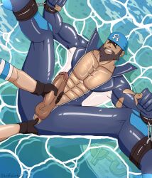 archie_(pokemon) balls bara beard bodysuit boner erection facial_hair fingering handjob headkerchief male male_only muscles muscular nintendo penis penis_out pokemon spread_legs team_aqua team_aqua_grunt wolfshirtart