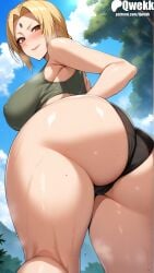 ai_generated ass ass_focus back_view blonde_hair blush boruto:_naruto_next_generations bottom_view brown_eyes covered_pussy female light-skinned_female light_skin mommy naruto panties qwekk short_hair smile smiling solo tsunade wet wet_body wet_pussy