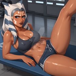 2020s 2024 abs adult adult_girl ahsoka_tano ai-created ai_generated alien bare_shoulders blue_eyes blue_hair blue_skin bra breasts cleavage clone_wars clothing colored_skin dark-skinned_female dark_skin drawstring_bottomwear facial_mark facial_tattoo female female_only gym gym_shorts indoors large_breasts laying_down lightsaber lips logo_on_bra long_hair looking_at_viewer lying midriff moderate_tomboy multicolored_hair muscle navel okosumo orange_skin shiny shiny_skin short_shorts shorts sitting sitting_up smile solo solo_female sports_bra spread_legs star_wars stomach sweat sweaty sweaty_body sweaty_breasts sweaty_legs tattoo tentacle_hair thick_thighs thighs togruta tomboy toned two-tone_hair two_tone_bottomwear two_tone_bottomwear_(black&white) underwear white_hair