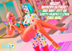 2girls 3d blender bouncing_breasts breasts clown clown_girl clownification dialogue drone droneification elbow_gloves english_text face_paint female female_only fingerless_gloves happy_trance hat long_hair makeup multiple_girls navel nintendo open_mouth overwatch overwatch_2 pink_eyes signature smile sombra spiral_background standing supercasket suspenders text topless