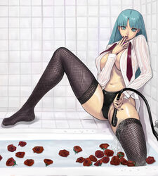 1girls aqua_hair ark bath bathroom bathtub blue_eyes blue_hair breasts clothing darkstalkers fishnet_stockings fishnets human humanized medium_breasts morrigan_aensland necktie no_bra open_clothes open_shirt panties rose shirt solo stockings succubus thighhighs voluptuous water