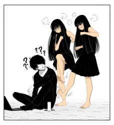 1boy 2girls barefoot black_hair confused feet foot_fetish glasses kusujinn pale-skinned_male sisters sitting_on_floor skirt socks soles tagme tied_to_twins toes twins