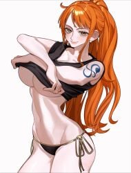 1girls bare_arms bare_legs bare_shoulders bare_thighs big_breasts blush clothed clothing color female female_focus female_only ginger_hair hi_res large_breasts light-skinned_female light_skin long_hair looking_at_viewer nami nami_(one_piece) one_piece orange_eyes orange_hair panties ponytail post-timeskip shounen_jump siokosho_kinoko solo solo_female tagme tattoo thick_thighs thong underboob undressing