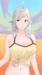 1girls alternate_hairstyle bare_arms bare_midriff bare_shoulders breasts cleavage collarbone expressionless female female_only fire_emblem fire_emblem_awakening grey_hair large_breasts medium_hair midriff minarai_ssbsp nintendo outdoors robin_(fire_emblem) robin_(fire_emblem)_(female) shoulders solo tank_top tied_shirt twintails upper_body