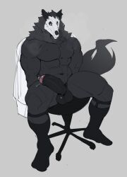 abs absurd_res anthro balls biped black_body bodily_fluids bone clothing dottodottodott0 erection footwear foreskin fur genital_fluids genitals glans hi_res male muscular muscular_anthro muscular_male navel penis precum simple_background sitting sketch skull skull_head socks solo tail