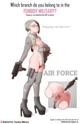 1boy androgynous anus anus_juice boots buttplug catheter chastity_cage chastity_device femboy full_body gaping_anus glasses grey_hair gun high_heel_boots high_heels male male_only military nimbletail nipples original platform_heels solo solo_male submachine_gun trap urethral urethral_insertion weapon