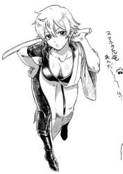 boots canon_genderswap cleavage female female_only full_body genderswap_(mtf) ginko_sakata gintama gintoki_sakata hadanugi_dousa hand_on_hip hanging_breasts japanese_clothes katana kimono kuruttemasu leaning_forward line_art looking_at_viewer medium_breasts monochrome no_bra rule_63 short_hair solo standing sword tomboy very_short_hair weapon