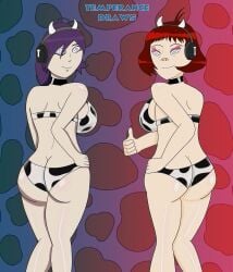 2girls asian asian_female ass big_breasts brainwashing breasts cow_print cow_print_bikini cowbell female female_only gorillaz hand_on_hip headphones hypnosis mind_control noodle_(gorillaz) ponytail purple_hair short_hair smile spiral_eyes temperancedraws thumbs_up zone-tan