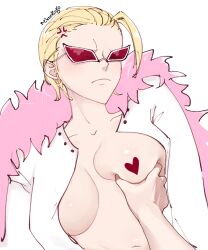 1girls 1other anger_vein big_breasts blonde_hair breast_grab breast_squeeze breasts_apart canon_genderswap cheek_grabbing_material_(meme) donquixote_doflamingo female female_focus frown genderswap_(mtf) hair_slicked_back inner_sideboob male meme myxtaro no_bra one_piece open_shirt pov red-tinted_eyewear rule_63 short_hair solo_focus sunglasses tinted_eyewear upper_body