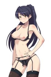 black_bra black_hair black_panties breast female female_only lingerie long_hair nipples ponytail senkou_no_lumina_zenpen:_sennyuu!_saint_alucard_jogakuen solo thighhighs tied_hair topless yellow_eyes