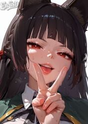ai_generated animal_ears black_hair drooling enjisd face_focus hime_cut hoshimi_miyabi large_breasts long_hair open_mouth red_eyes spit tongue tongue_out zenless_zone_zero