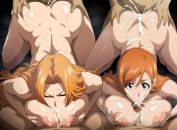 2girls 4boys ai_generated ass ass_grab big_breasts bleach blush breast_press breasts closed_eyes completely_nude cum cum_in_mouth cum_inside cum_on_body cum_on_breasts doggy_style ejaculation ejaculation_between_breasts fellatio from_behind inoue_orihime long_hair looking_at_viewer matsumoto_rangiku nipples nude_female offscreen_character open_eyes orange_hair paizuri paizuri_fellatio penis sex steamy_breath yuri