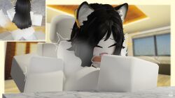 1girl1boy 3d anal_sex black_hair blender_(software) blender_cycles blush cher924 closed_eyes collar doggy_style fox_girl holding_object morning_sex roblox robloxian self_upload shaking_lines smiling