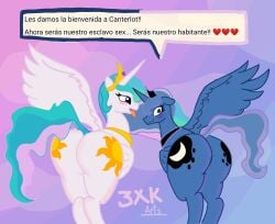 ass big_butt conejitosempai digital_drawing_(artwork) digital_media_(artwork) duo equid equine female female/female feral friendship_is_magic hasbro hi_res horn horse looking_back mammal my_little_pony pony princess_celestia_(mlp) princess_luna_(mlp) rubbing simple_background spanish_text text tongue tongue_out translation_request