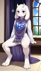 1girls 2024 ai_generated annoyed annoyed_expression anthro big_hips blue_eyes digitigrade female female_only goat hi_res horns innie_pussy looking_at_viewer milf mostly_clothed nude_underneath oblivious pussy sideboob spread_legs tabard thick_thighs toriel undertale white_fur window