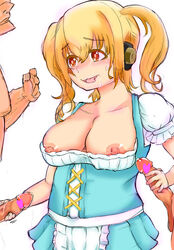 blonde_hair breasts censored chatdau cleavage corset dirndl double_handjob drooling female german_clothes handjob heart heart-shaped_pupils heart_censor large_breasts long_hair naughty_face nipple_slip nipples nitroplus no_bra penis red_eyes solo_focus super_pochaco symbol-shaped_pupils tied_hair tracht twintails