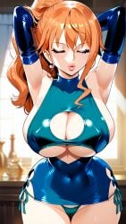 adjusting_panties ai_generated arms_above_head bodycon bridal_gauntlets brown_eyes cameltoe cleavage_cutout closed_eyes clothing_cutout covered_nipples dress female kissing kissing large_breasts latex_panties leaning_forward lips look_at_viewer miniskirt nami nami_(one_piece) navel one_piece orange_hair ponytail ring seductive seductive_smile shiny_clothes side-tie_panties side_locks sideboob small_dress solo underboob visible_panties wavy_hair