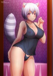 bed bedroom big_breasts black_panties borrowed_character collarbone doorway erect_nipples eyebrows_visible_through_hair female_only hand_on_thigh looking_at_viewer negligee nipple_bulge nipples panties pink_eyes raccoon_ears raccoon_girl raccoon_tail see-through_clothing short_hair thick_thighs white_hair zel-sama