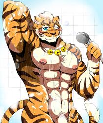 2018 abs anthro bearlovestiger13 biceps blue_eyes feline fur furry highres kemono lin_hu male male_only mammal muscular muscular_male nekojishi nipples pecs solo stripes tiger