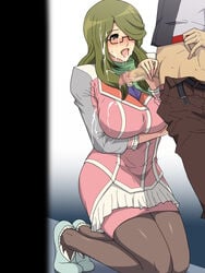 belt blush breast_hold breasts censored chousoku_henkei_gyrozetter clothed_sex cum cum_on_clothes cum_on_glasses cum_on_hair cum_on_upper_body dress facial female glasses green_hair gureko_rouman hair_over_one_eye handjob highres kneeling large_breasts long_hair open_mouth pantyhose penis saliva shoes shoudou_kotoha skirt solo_focus standing sweat