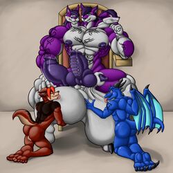 3_heads 3boys abs balls big_balls big_nipples big_penis blush canine cerberus chair conjoined diphallia diphallism dragon fur huge_balls huge_cock hyper hyper_balls knot male male_focus male_only mammal multi_head multi_penis muscular muscular_male nipples penis piercing purple_fur sitting throne trio trio_focus wolf wolfgerlion64