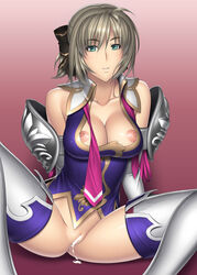 1girls after_sex armor bare_shoulders breasts cassandra_alexandra censored cleavage conscious cum cum_inside cumdrip female female_only human kansuke looking_at_viewer nipple_slip nipples no_panties silver_hair sitting solo soul_calibur spread_legs thighhighs