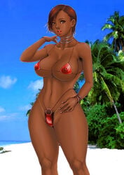 armpit_hair beach bikini breasts brown_hair chinbotsu curvy dark-skinned_female dark_skin dead_or_alive dead_or_alive_xtreme_beach_volleyball female female_armpit_hair female_only hips human latina lisa_hamilton pubic_hair short_hair solo swimsuit tan_lines wide_hips