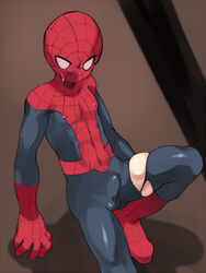 1boy big_head bodysuit boots bulge clothed_erection coin_rand erect_nipples gloves male male_only marvel marvel_comics mask penis penis_under_clothes peter_parker smooth_skin solo spider-man spider-man_(series) spread_legs sweat torn_clothes