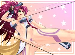 breasts dual_wielding green_eyes gun himeki_luna kicking large_breasts legs long_hair long_legs navel pussy red_hair thick_thighs thighs uizu uncensored vanguard_princess weapon wink wiz_(shadow)