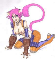 all_fours animal_ears areola areolae blade_kitten blue_eyes breasts breasts_out cat_ears catgirl elbow_gloves fingerless_gloves gloves jewelry kit_ballard knee_pads looking_back navel necklace nipples pink_hair quotidia short_hair simple_background smile tail unzipped