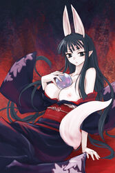 animal_ears ball bare_shoulders between_breasts black_eyes breasts bunny_ears fox_ears hasaha japanese_clothes kimono kitsune michael_f91 monster_girl multi_ear object_between_breasts pointy_chin pointy_ears summon_night summon_night_2 tail