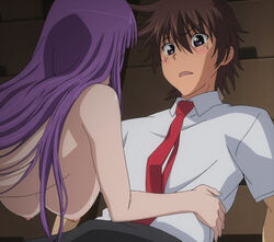 1boy1girl breasts cap etou_fujiko hanging_breasts highres ichiban_ushiro_no_daimaou pointy_chin purple_hair sai_akuto screencap stitched