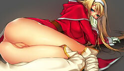 blonde_hair blush boots bottomless broken_blade fringe_hair gloves green_eyes headband long_hair lying no_panties pussy shuuei sigyn_erster syuei thigh_boots thighhighs uncensored white_gloves