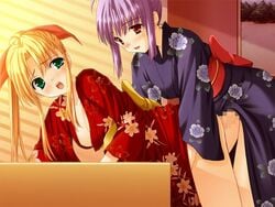 2girls blonde_hair blush censored female futa_on_female futa_with_female futanari green_eyes intersex japanese_clothes kimono kino_futaba multiple_girls purple_hair red_eyes sannomiya_yukari sex xuse yunchu!_ojou-sama_wa_gohoushichuu